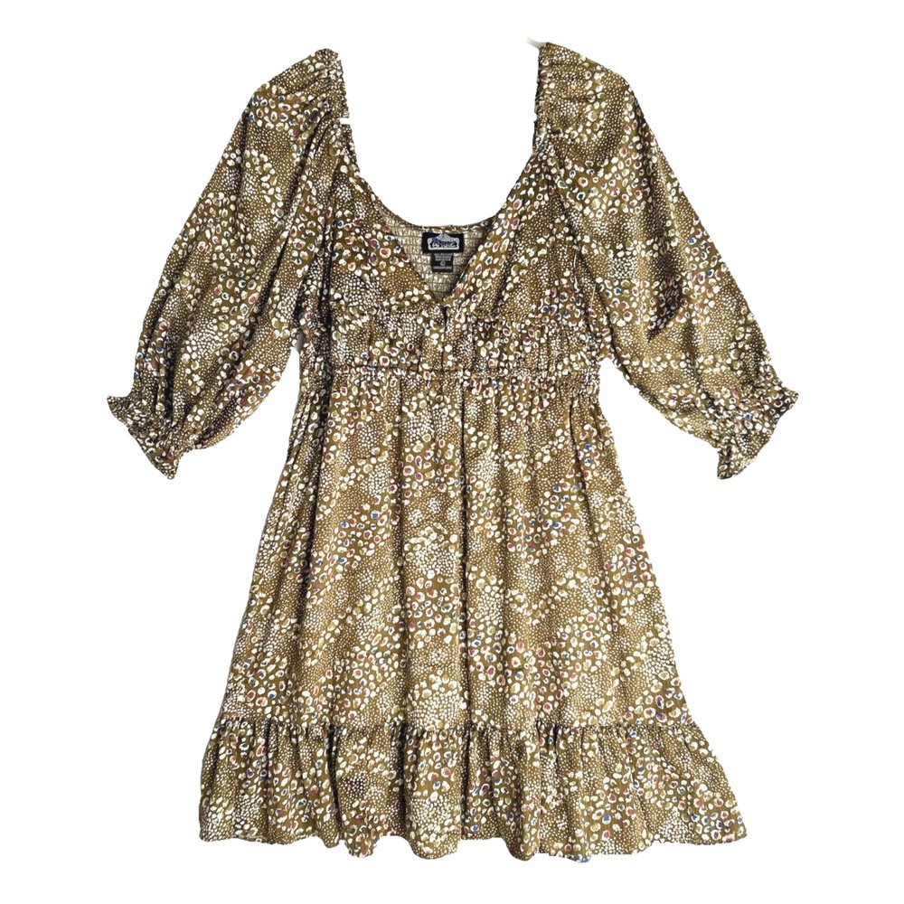 Angie Puff Sleeve Dress L Ruffle Hem Milkmaid Babydoll Smocked Cottage Boho Knee